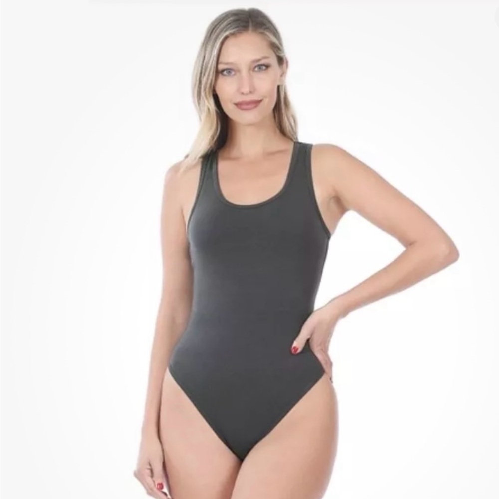 Zenana Ash Gray Racerback Basic Bodysuit Full Coverage NWT